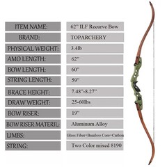 62″ ILF Recurve Takedown Bow 25-60lbs Archery Hunting Arrow Shooting Competition