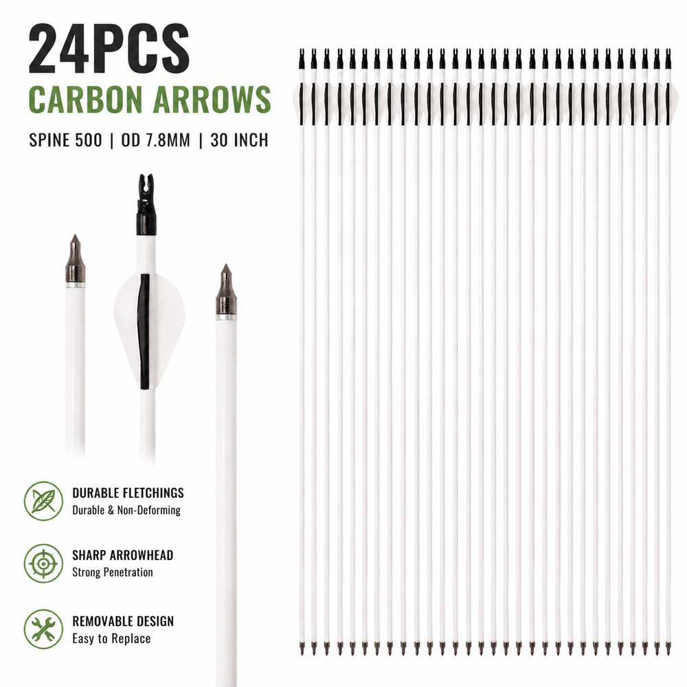 24PCS 30 in Archery Arrows Carbon Shaft Spine 500 OD 7.8 mm with Removable Tips