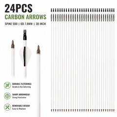 24PCS 30 in Archery Arrows Carbon Shaft Spine 500 OD 7.8 mm with Removable Tips
