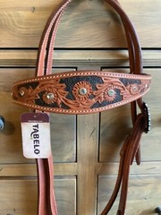 Western Leather Headstall Chestnut W/Black Floral, Wide-Browband Crystal Studs