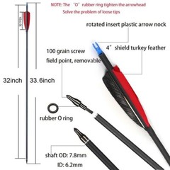 12Pcs 32″ Turkey Feather Carbon Arrows Spine 500 OD:7.8 for Compound&Recurve Bow