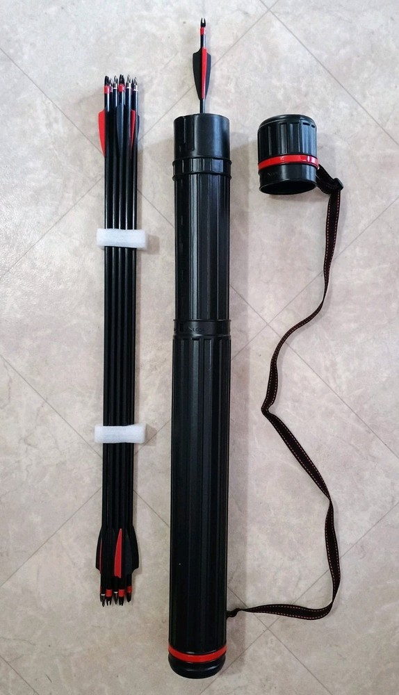 10 Fiberglass 30″ Inch Arrows and Matching Red Black Telescopic Quiver