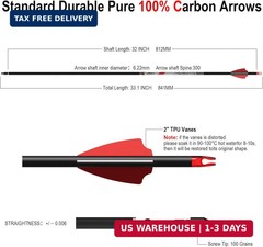 12PCS 32″ Carbon Arrows 300 350 400 Spine w/ Removable Tips Archery Bow