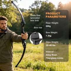 Archery Takedown Recurve Bow Hunting Long Bow Alloy Riser – Right Hand Black – D