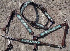 Teal Navajo Beaded Inlay Browband Headstall & Breast Collar & Wither Strap NEW
