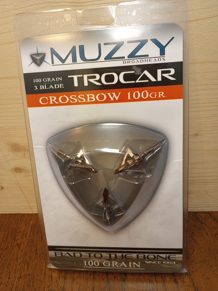 NEW MUZZY 3 Blade CROSSBOW Trocar 100 Grain Archery Hunting Fixed Broadhead –