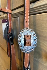 Western One-Ear Headstall, Hair On, Chestnut/Black/Turquoise W/Crystal Conchos