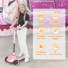 Electric Scooter Kids 3-Wheel 5MPH LED Lights LCD Screen Adjustable Height