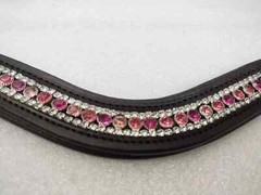 Designer Gorgeous 3 Row Pink Crystal Horse Leather Browband For Bridle.