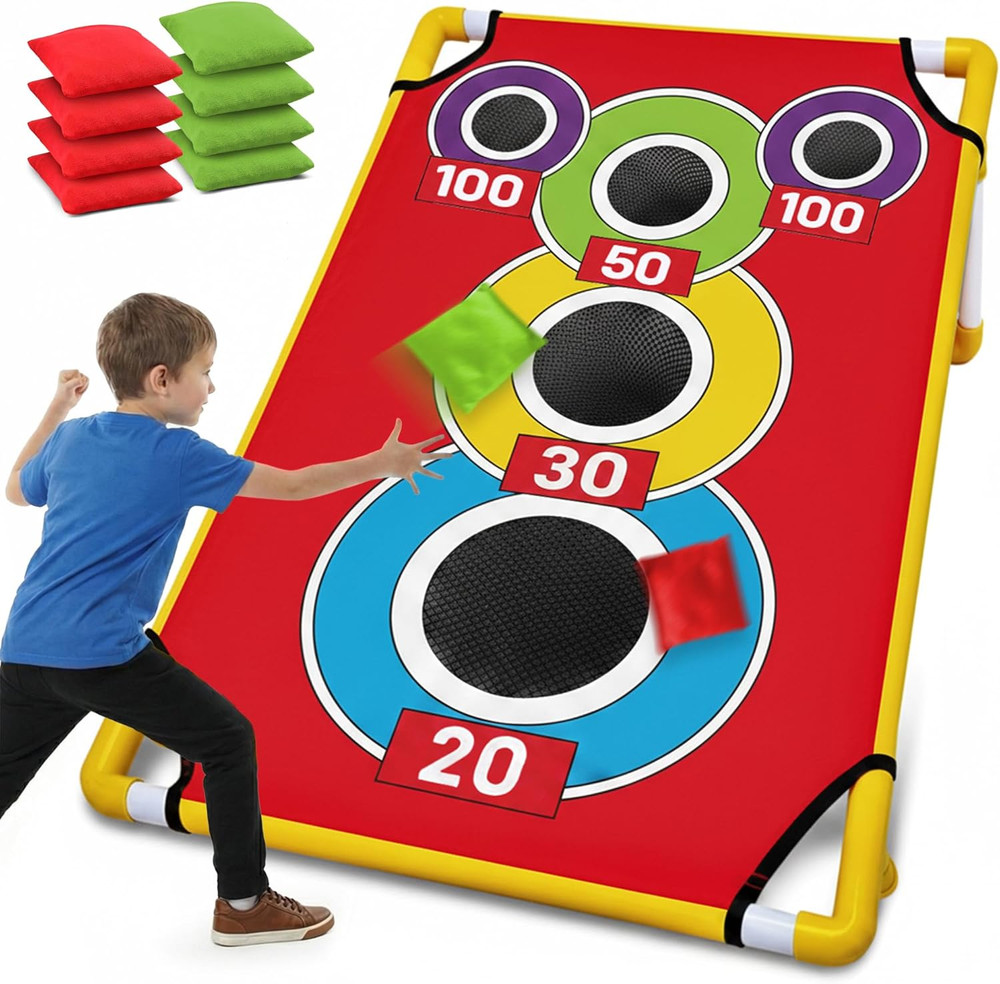 Cornhole Board Set with 21+ Games, 8 Bean Bags – Arcade Style Corn Hole Games fo