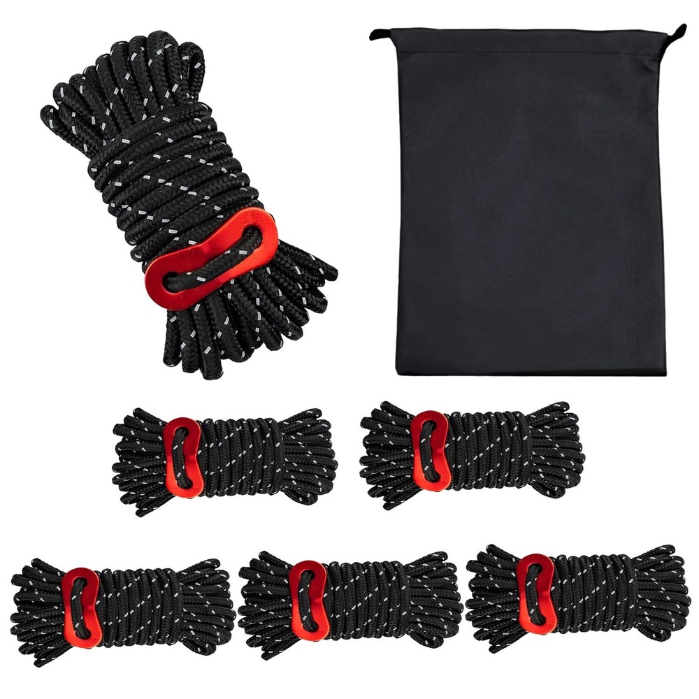 Lightweight Tent Guy Lines with Aluminum Tensioners（6-Pack | Black）