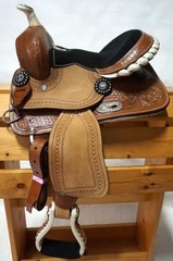 Popular Youth Trail Barrel 13″ Black seat Medium Oil leather Saddle Ok Leaf Tool