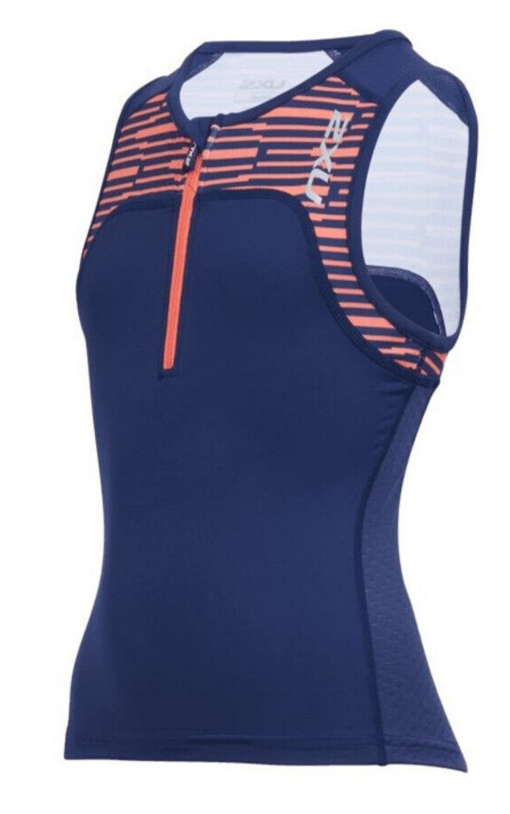 New 2XU Active Youth Tri Singlet Navy Medium Unisex Kids Front Zip 3 Pockets