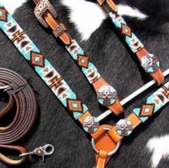 Turquoise and Orange Beaded Aztec One Ear Headstall & Breast Collar & Rein NEW