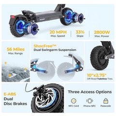 Ausom Electric Scooter 2*1000W Motor,95km Range,Front/Rear Hydraulic Disc Brakes