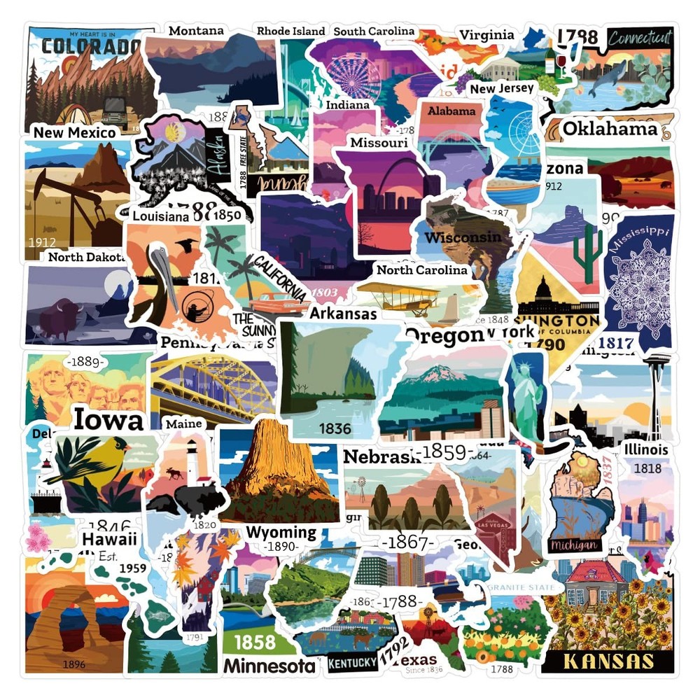 United States Map Stickers, 50Pcs Travel USA Waterproof Vinyl Stickers for Wa…