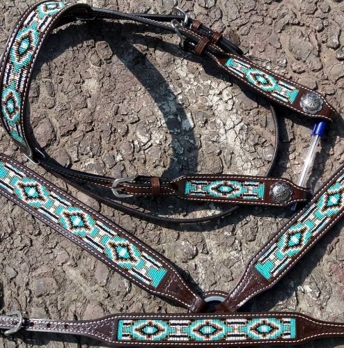 Teal Navajo Beaded Inlay Browband Headstall & Breast Collar & Wither Strap NEW