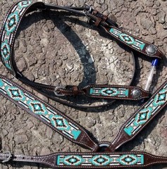 Teal Navajo Beaded Inlay Browband Headstall & Breast Collar & Wither Strap NEW