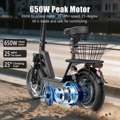 Adult Electric Scooter with Seat 14″ Tire 48V 15AH 25MPH 45Miles1500W Peak Motor
