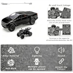 1/32 Cyber Pickup Toy Truck with RV and ATV Motorcycle Alloy Truck Model with So