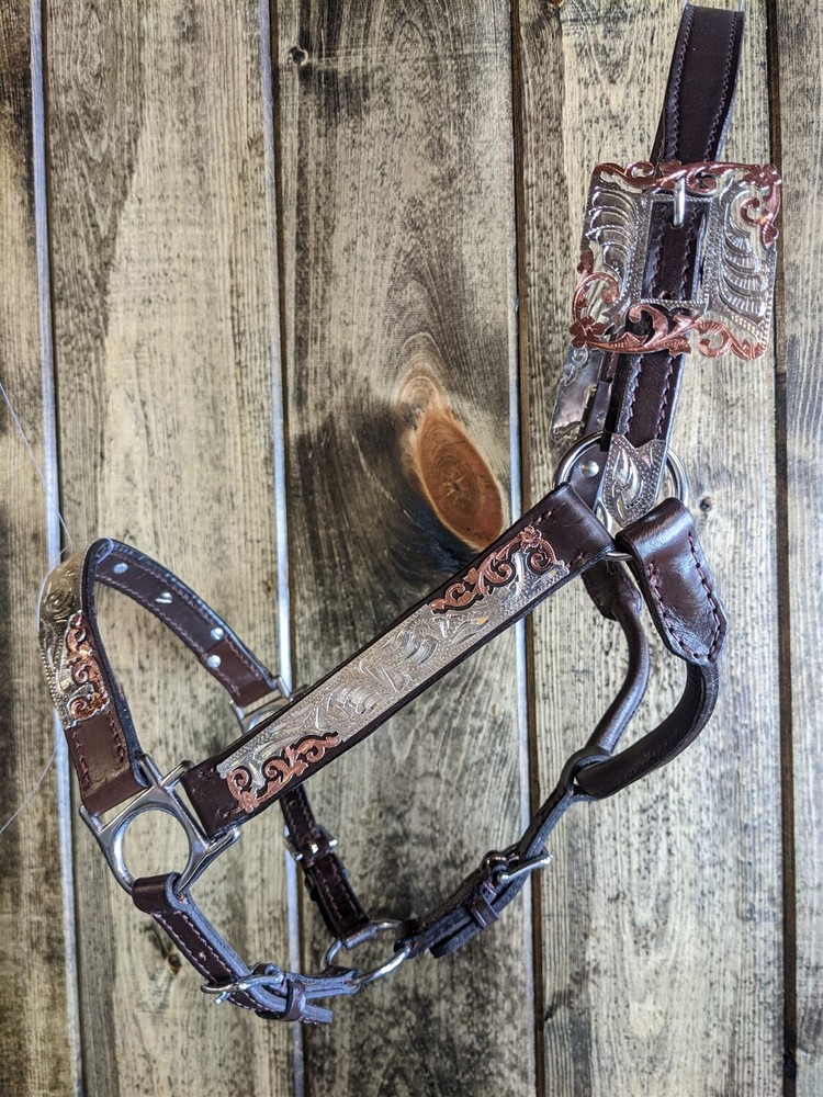 Silver Show Halter – Dark Oil – Silver & Copper Accents – Horse Size -Lead Shank