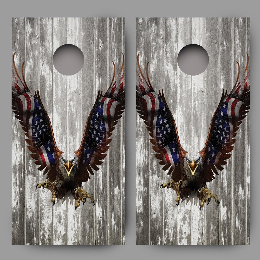 Bald Eagle American Flag Wings on Distressed Wood Grain Cornhole Decal Wraps