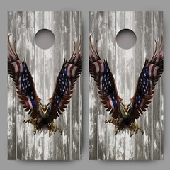 Bald Eagle American Flag Wings on Distressed Wood Grain Cornhole Decal Wraps