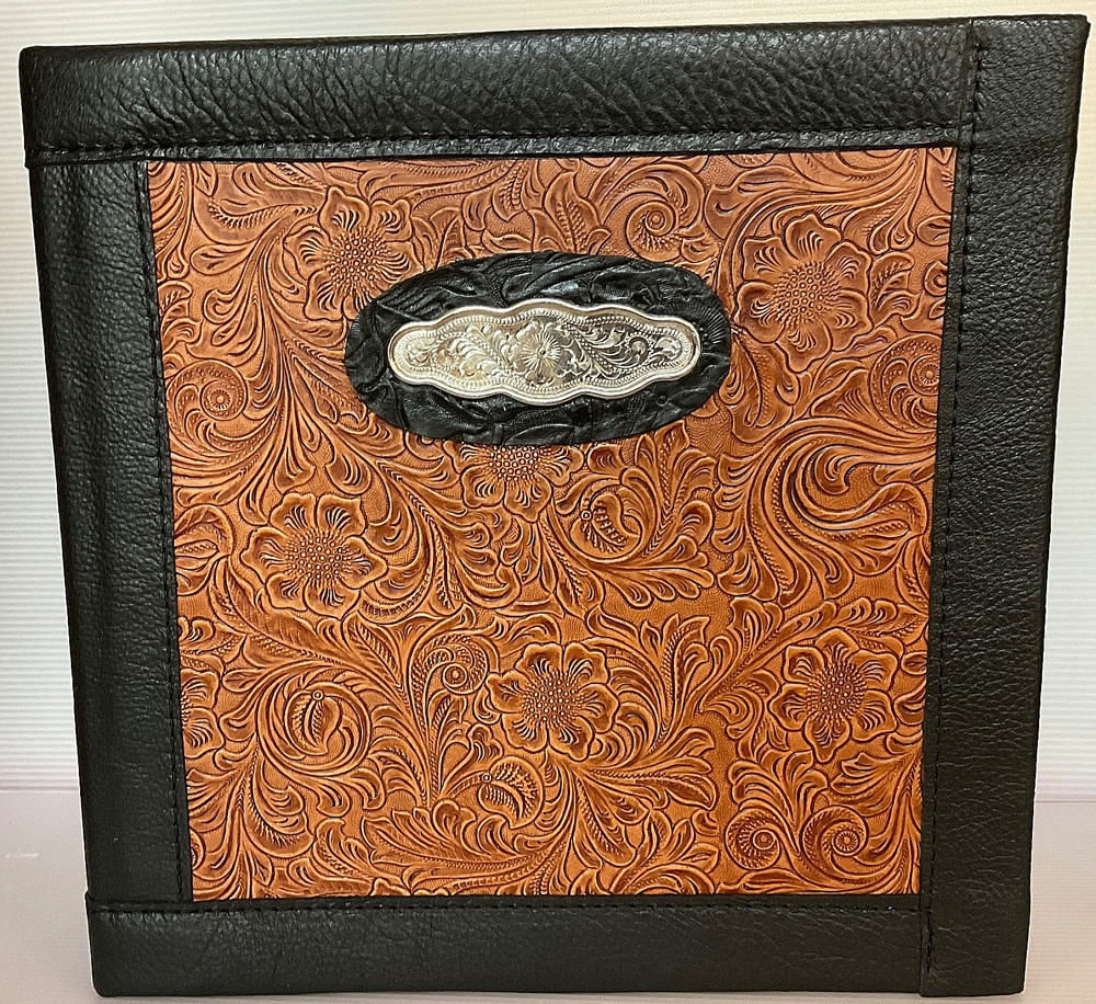 CHESTNUT FLORAL LEATHER 2″ 3 RING BINDER BLACK TRIM ALPACA SILVER CONCHO
