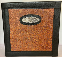 CHESTNUT FLORAL LEATHER 2″ 3 RING BINDER BLACK TRIM ALPACA SILVER CONCHO