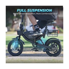 Electric Bike with Basket, 14″ Folding Ebike 22 MPH, 35 Miles Range, Dual Sus…