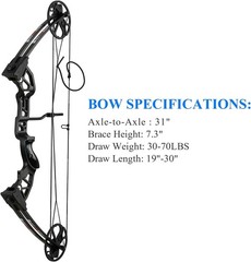 Compound Bow Archery Set For Adults, 0-70 Lbs Draw Weight, 19″-30″Draw Length