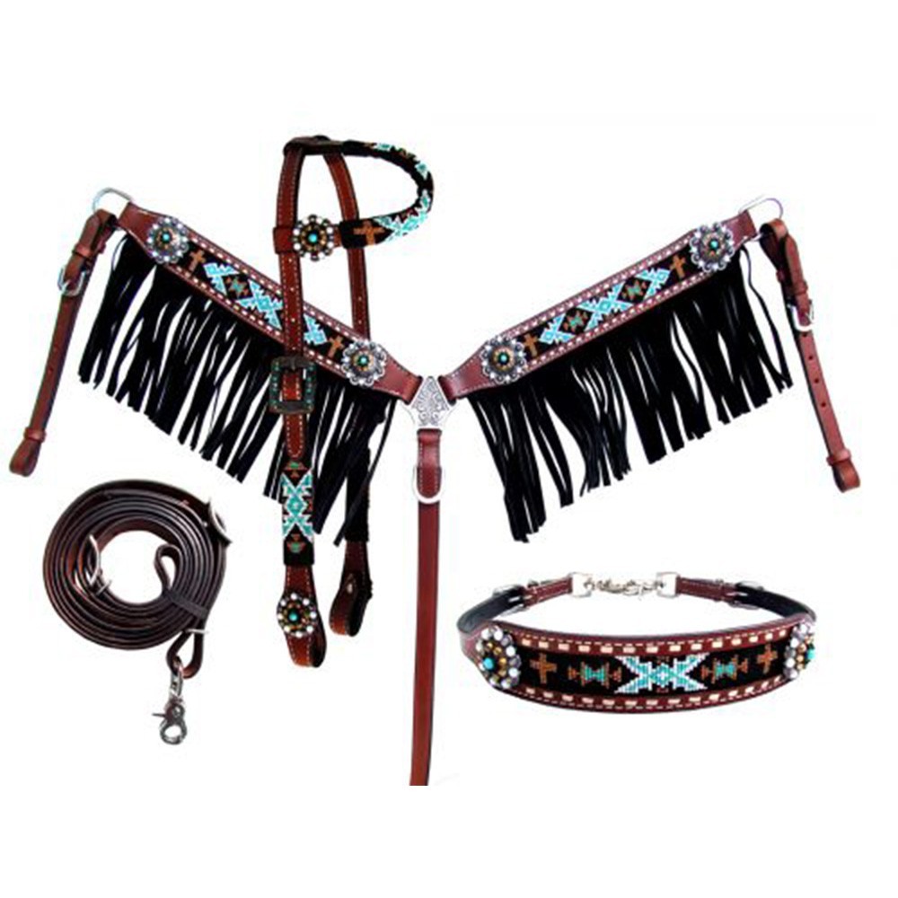 Teal Beaded Navajo Headstall & Fringe Breast Collar & Reins & Wither Strap NEW