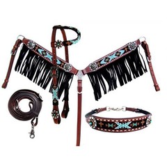 Teal Beaded Navajo Headstall & Fringe Breast Collar & Reins & Wither Strap NEW