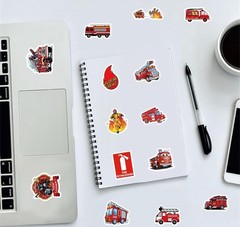 30Pcs Cute Cartoon Fire Fighting Engine Vehicle Fireman Waterproof Stickers