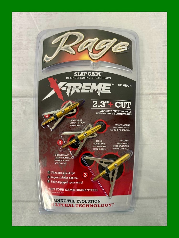 Rage Xtreme Slipcam 100 grain 3 pack Broadheads 2 Steel Blade with Shock Collars