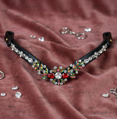 Luxury Crystal Horse Browband Black Leather Multicolor Rhinestone Show Bridle