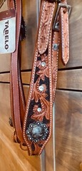 Western Leather Headstall Chestnut W/Black Floral, Wide-Browband Crystal Studs