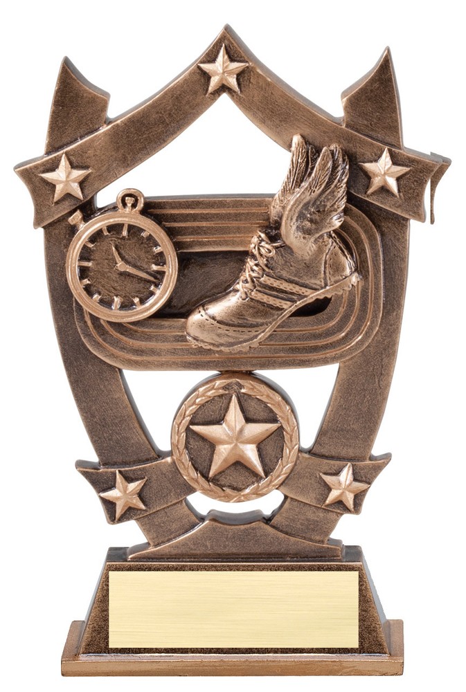 TRACK & FIELD GOLD RESIN SHIELD SHAPE TROPHY AWARD FREE PERSONALIZATION
