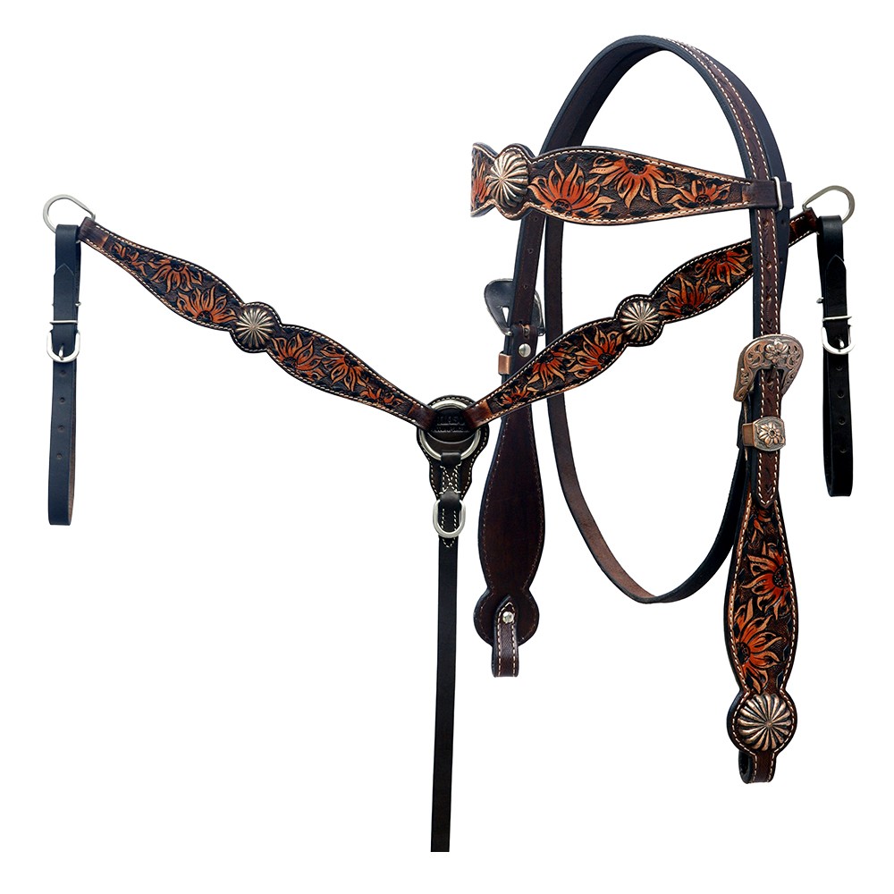 Western Headstall and Breast Collar Set HILASON Tooled Leather Horse Bridle Tack