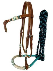 Showman Teal & Natural Rawhide Core Bosal Set w/ Cotton Mecate Reins