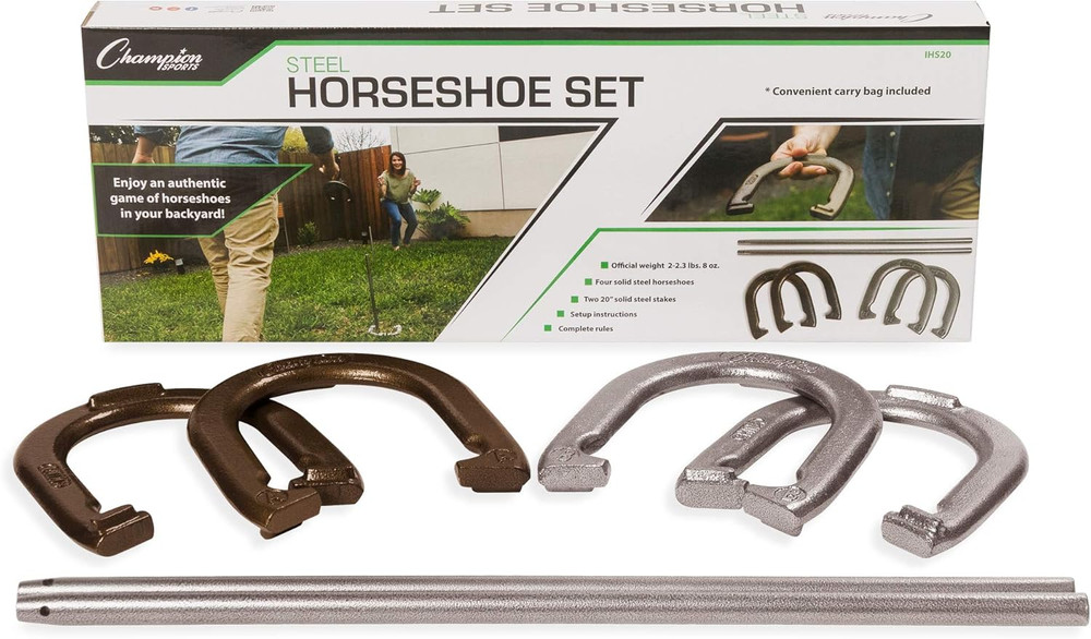 Horseshoe Set: Traditional Outdoor Lawn Game Includes Four Professional Solid St