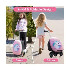 2-in-1 Kids Scooter Suitcase, 19in Large Capacity Ride-On Luggage with LED Li…