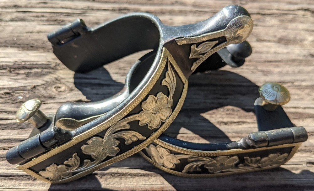 Western Ball End Spurs – Black Iron and Silver Floral