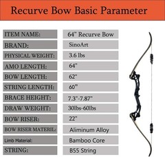 SinoArt 64″ Takedown Recurve Bow Metal Riser 30-60Lbs Right Handed for Archer…