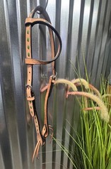 Light Oil w Green Buck Stitching One Ear Western Horse Headstall RANCH PLEASURE