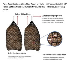 Knotless Ultra Slow Feed Hay Net Set of 2, 42″ Long with 1.5″ Openings, Soft …