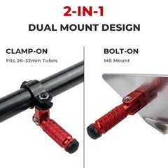 2-in-1 Clamp-On & Bolt-On Foldable Foot Pegs, Motorcycle Foot Pegs Racing Red