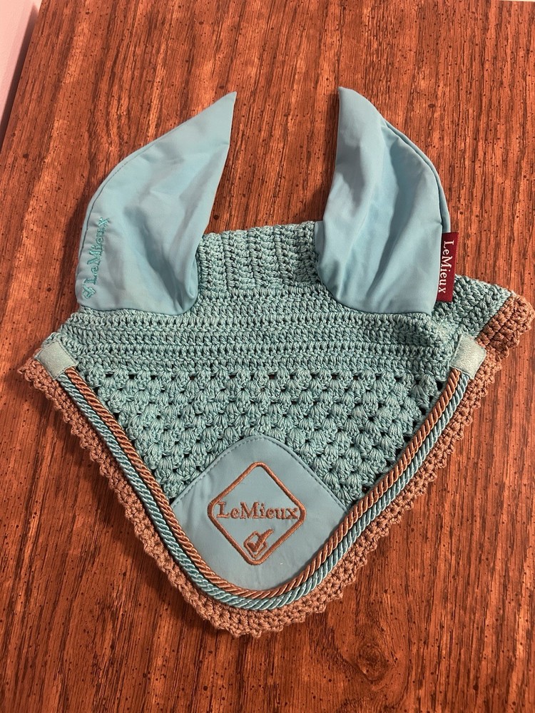 LeMieux Fly Hood Ear Bonnet Crochet Fly Hood Blue with Tan Trim