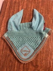 LeMieux Fly Hood Ear Bonnet Crochet Fly Hood Blue with Tan Trim
