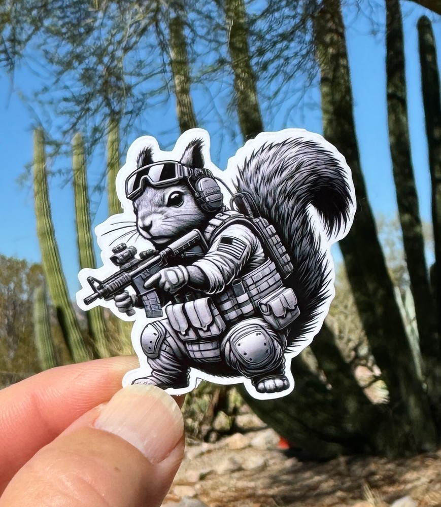 2″ Tactical Squirrel Sticker, Decal, Gear, Animal, Vest, American Flag, Ammo
